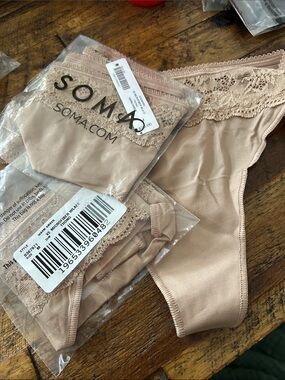 3 pr. NWT Soma Lace-Waist thong Panty in Nude